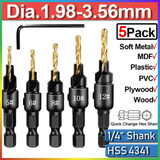 DINGGUANGHE-CUP Drill Bits 5pcs Drill Bits Countersink Drill Woodworking Drill Bit Set Wood Cutters Drilling Pilot Holes for Screw Sizes #5#6#8#10#12 Power Tool Accessories 